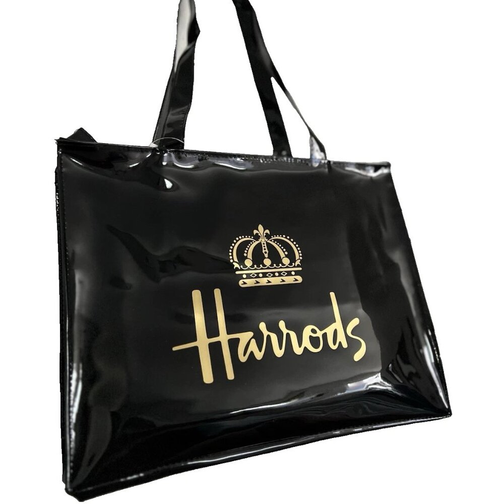 HARRODS LONDON Large PVC Zip Top Tote Bag Glossy Black color - BNWT